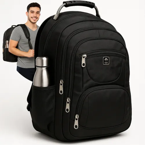 Mochila Masculina Faculdade Impermeável Para Notebook Resistente Alça Reforçada Feminina Grande Cor Preto Desenho do tecido Liso Marca PINKBERRY