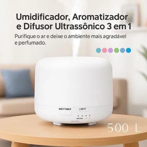 Difusor Ambiente Aromatizador Umidificador Oleos Essenciais 500L Com Controle - Dravonix