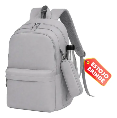 Mochila Feminina Escolar Reforçada Grande Impermeável Notebook Resistente Masculina Trabalho Faculdade Com Estojo Cor Cinza