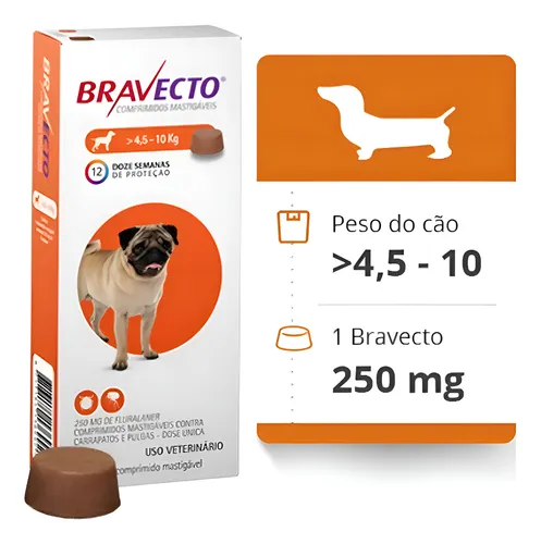 Antipulga Carrapato Bravecto 250 Mg Cães De 4,5 Kg A 10 Kg