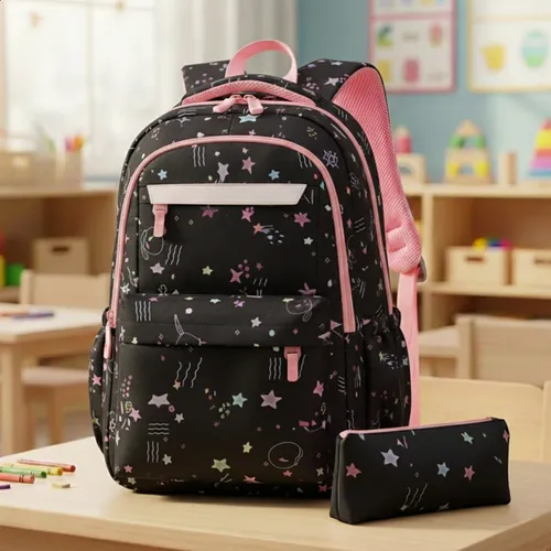 Mochila Infantil Bolsa Menina Escolar Princesa Com Estojo Cor Preto Desenho Do Tecido Florido