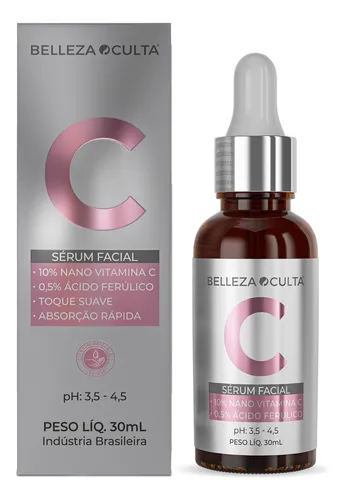 Sérum Facial Nano Vitamina C 10% y Ácido Ferúlico 0,5% Ph: 3,5 4,5 Absorção rápida Toque suave Momento De Aplicação Dia Noite Tipo De Pele Todo Tipo De Pele Serum Belleza Oculta 30ml