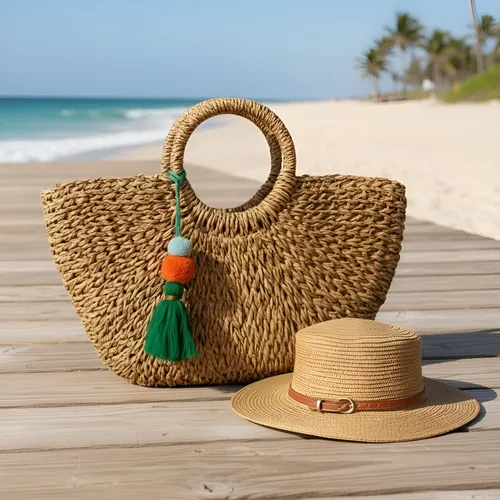 Bolsa de Praia Palha Sintética Meia Lua Bege Escuro com Chapéu Boutique Soberana