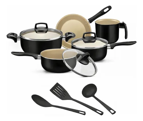 Jogo De Panelas 8 Peças Teflon Antiaderente C Tampa De Vidro Cor Preto/bege