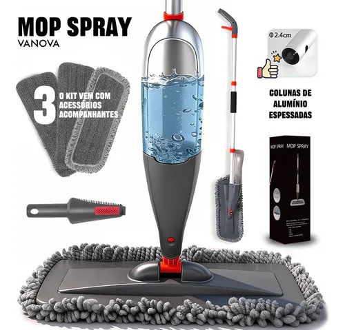 Vanova Mop Spray 360 Reservatório 800ml Cabeça Giratória 360 Microfibra Lavável 3 Panos Cabo de Alumínio Leve Para Piso Laminado Porcelanato Vinílico Madeira Selada