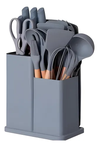 Kit Conjunto Utensílios Silicone Facas Tabua De Cortar 19pç Cor Cinza
