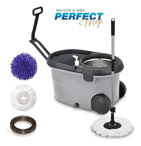 Esfregão Perfect Pro Mop Move 16L Cinza Cabo Inox Alça Roda 3 Refis