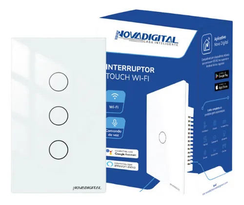 Interruptor Inteligente Wifi Novadigital 3 Teclas Botões Touch Tuya Smart Life Alexa Google 110v 220v Bivolt 4x2 Lite Branco